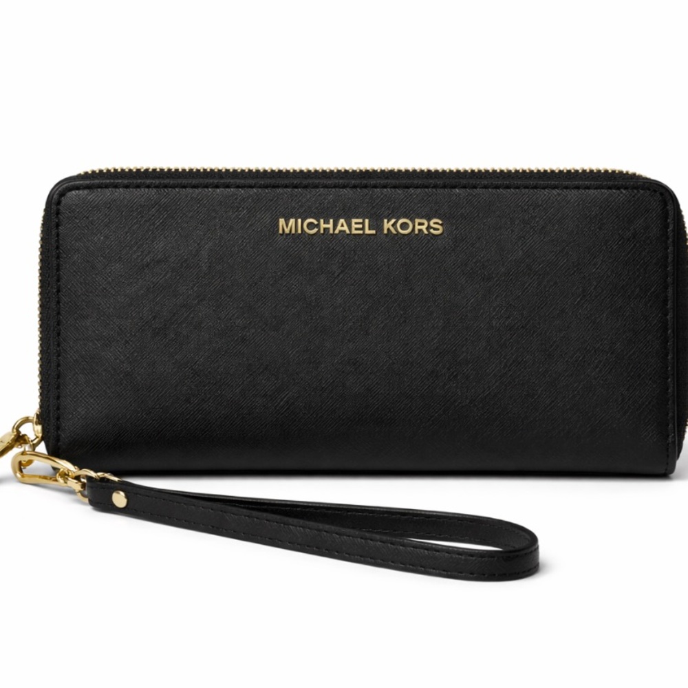 Michael Kors Black and Gold Zip-Around Wristlet Wallet